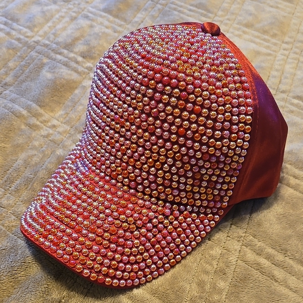 Ole Red Pink Iridescent Pearls Satin Red Baseball Cap New